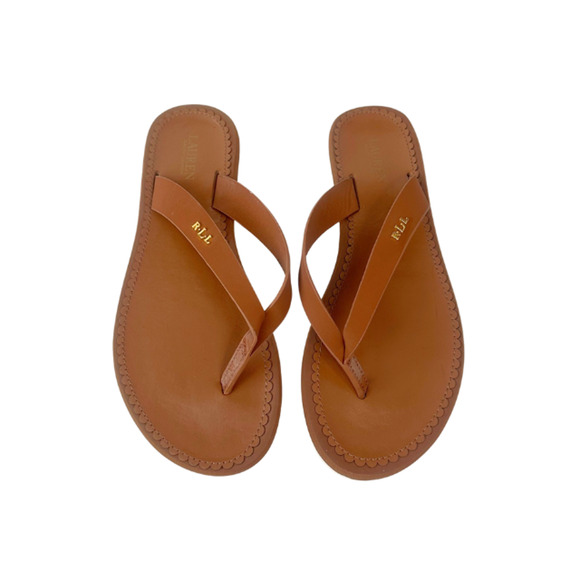 Ralph Lauren Ryanne Sandals Thong Wedge Flip Flops Leather Brown Women's Size 9B - Picture 2 of 8